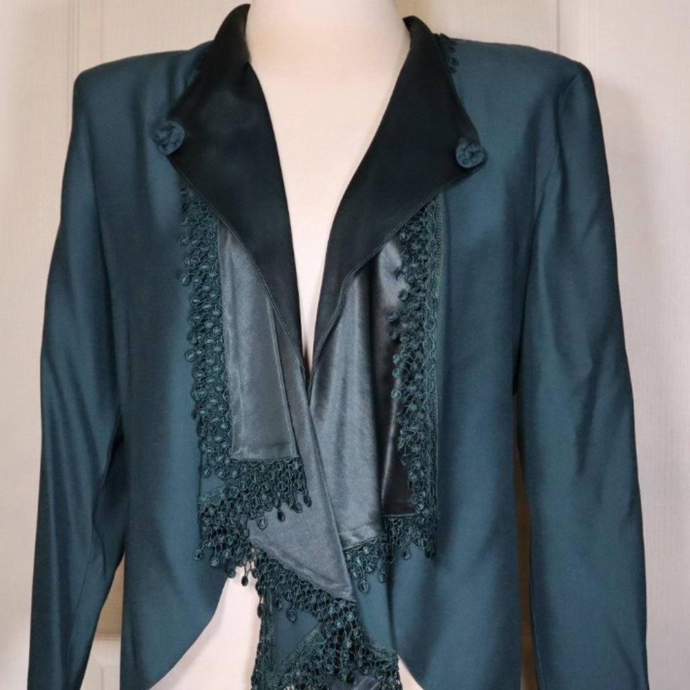 Gorgeous Dark Blue Green Jacket with Satin Fringe Detail